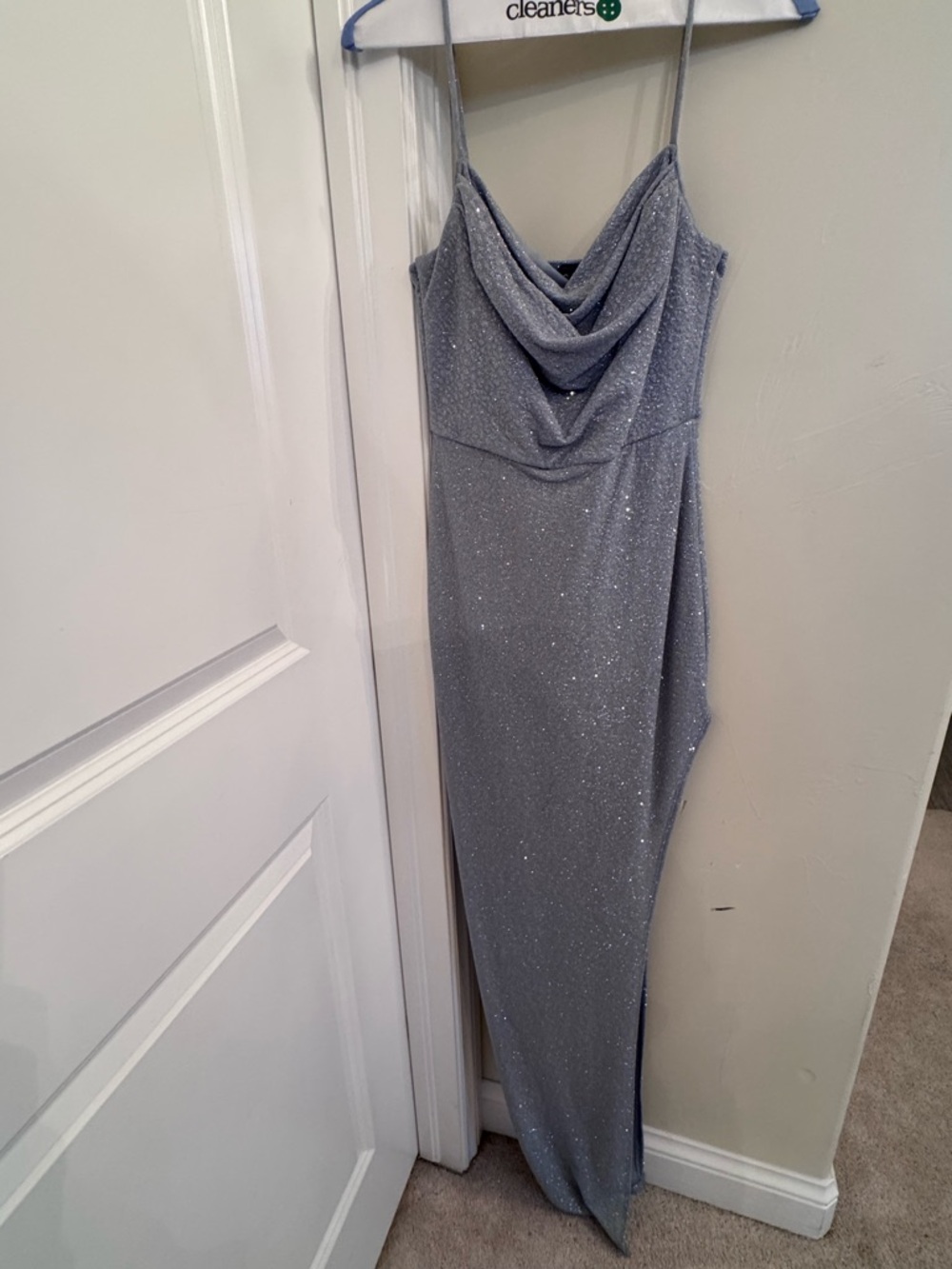 Stunning Silver light blue shimmer Neck Sequin Slip Dress - Women's Evening Gown
